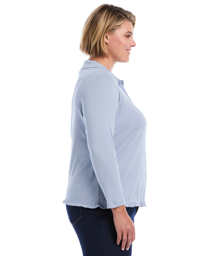 Plus Size Ruffle Trim Button-Up Top (Blue Blizzard)