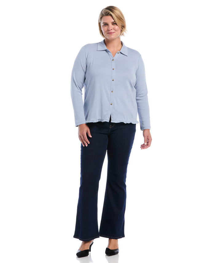 Plus Size Ruffle Trim Button-Up Top (Blue Blizzard)
