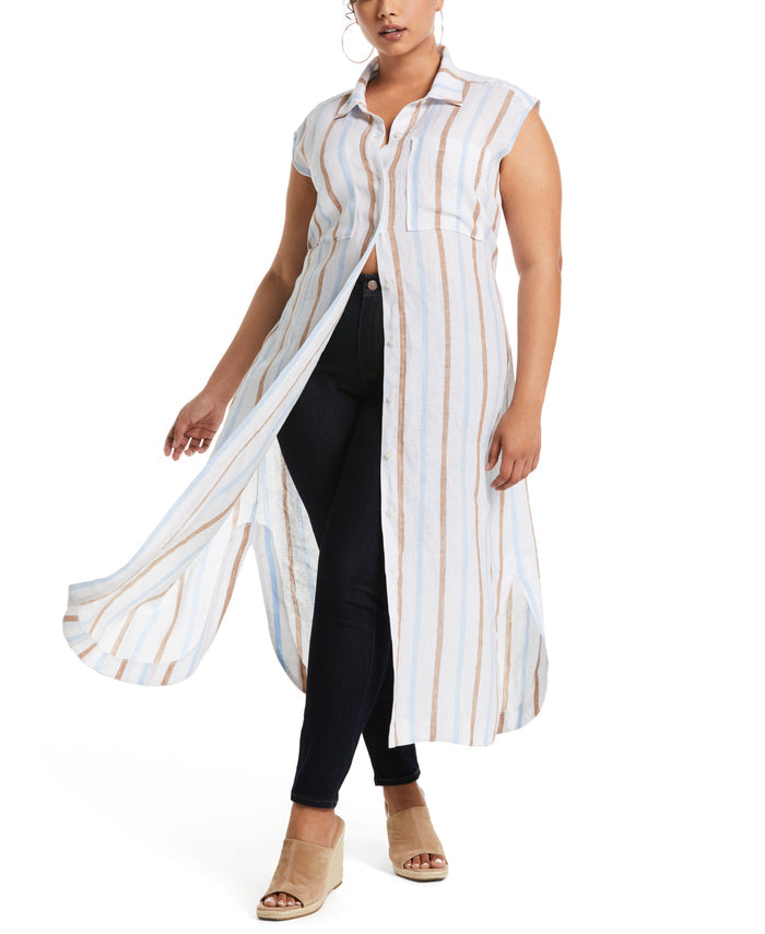 Stripe Linen Shirtdress (White)