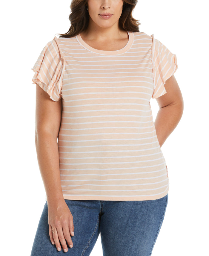 Stripe Ruffle Sleeve Tee (Peach Melba)