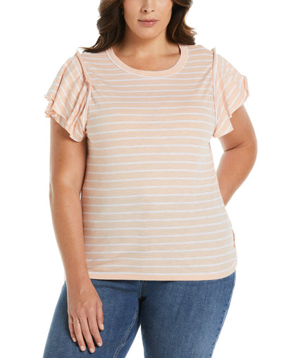 Stripe Ruffle Sleeve Tee (Peach Melba)