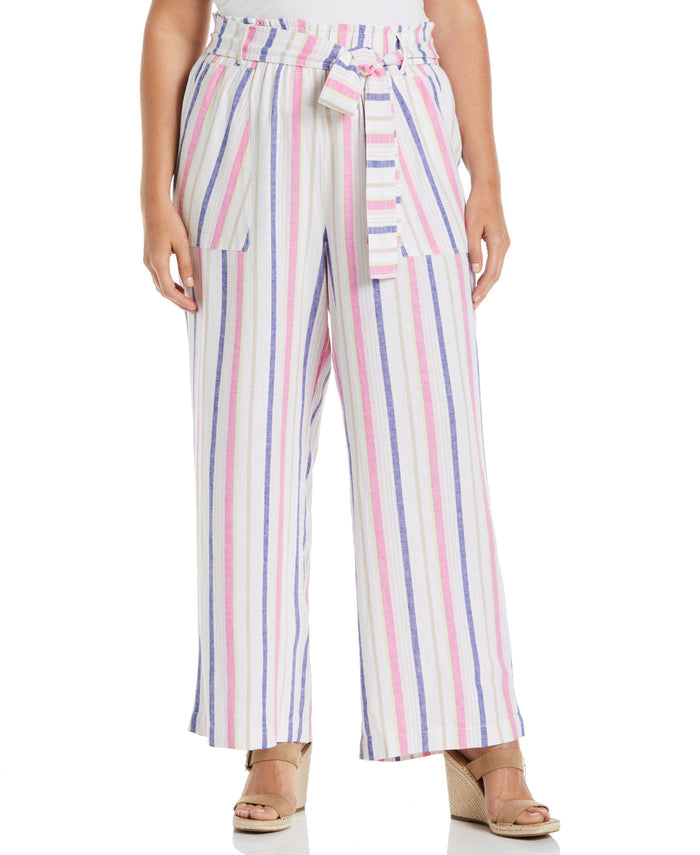 Stripe Wide Leg Linen Blend Paper Bag Pant (White)
