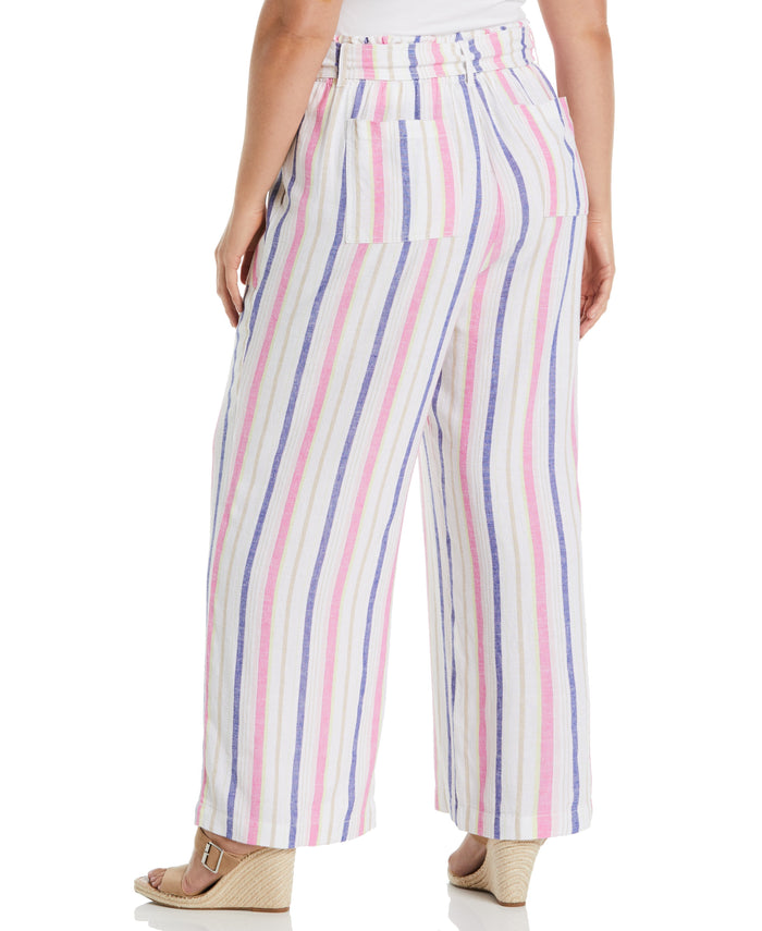 Stripe Wide Leg Linen Blend Paper Bag Pant (White)