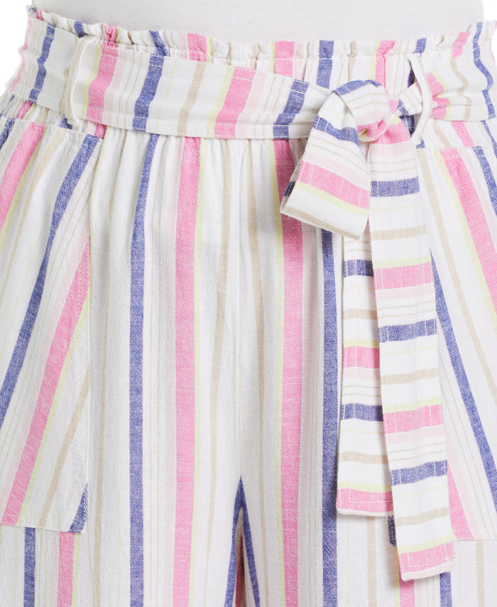 Stripe Wide Leg Linen Blend Paper Bag Pant (White)