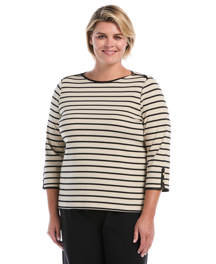Plus Size Striped Button Detail Boat Neck Top (Oatmeal)