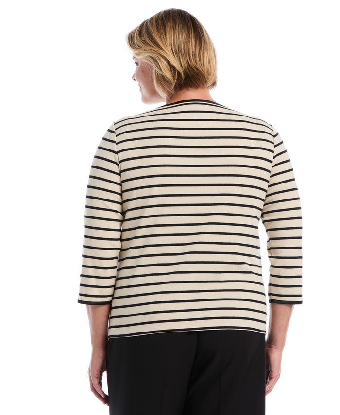 Plus Size Striped Button Detail Boat Neck Top (Oatmeal)