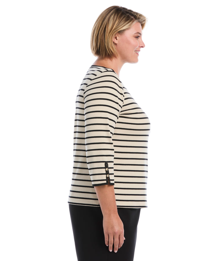 Plus Size Striped Button Detail Boat Neck Top (Oatmeal)