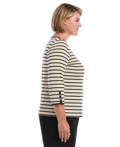 Plus Size Striped Button Detail Boat Neck Top (Oatmeal)