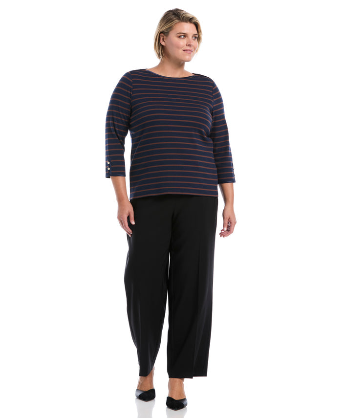 Plus Size Striped Button Detail Boat Neck Top (Black Iris)