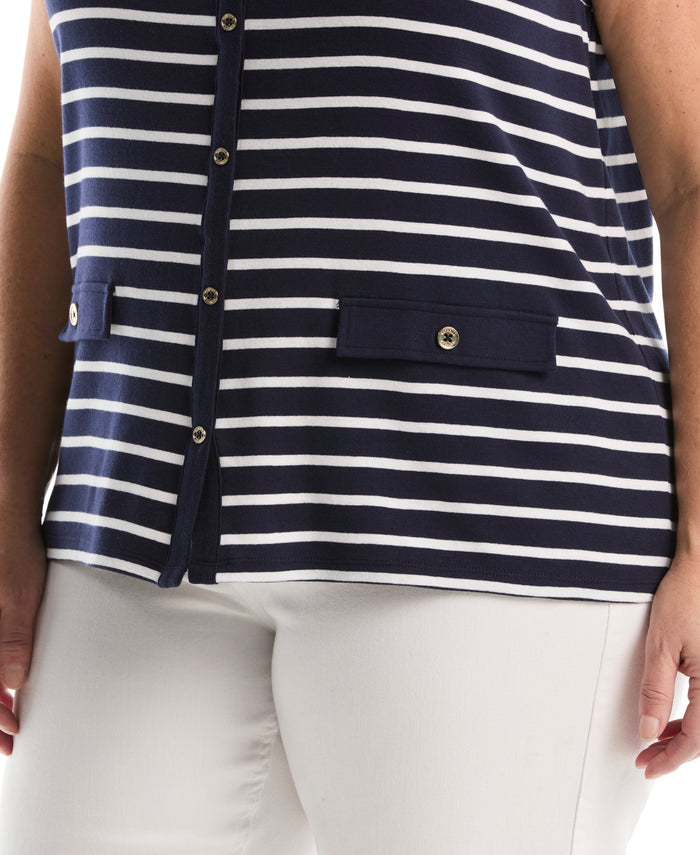 Plus Size Striped Button Front Tank Top (Peacoat)