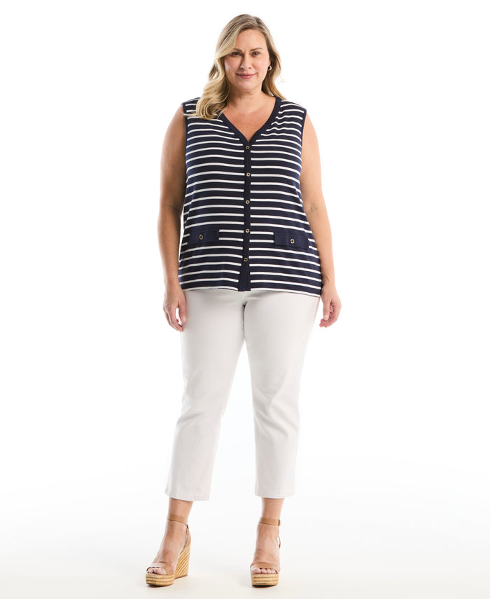 Plus Size Striped Button Front Tank Top (Peacoat)
