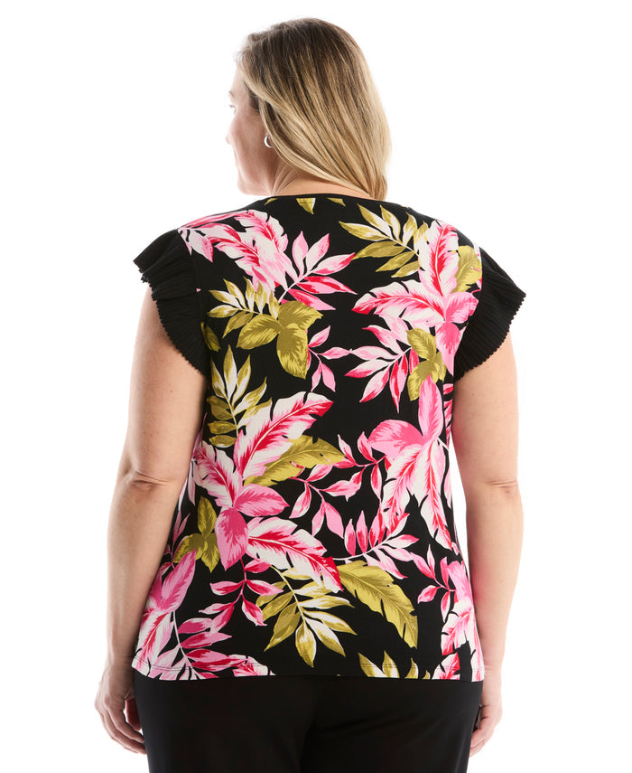 Plus Size Tropical Print Ruffle Top (Black)