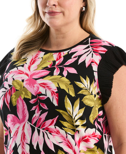 Plus Size Tropical Print Ruffle Top (Black)