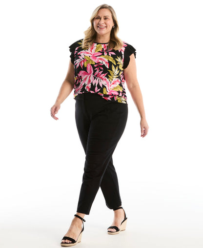 Plus Size Tropical Print Ruffle Top (Black)