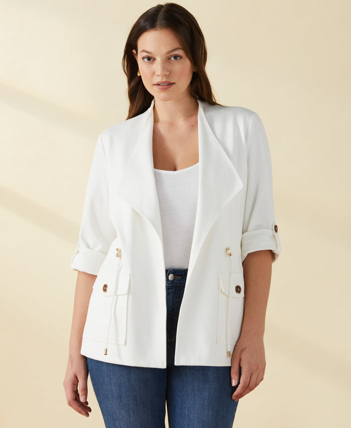 Ponte Knit Drape Front Jacket (Egret)