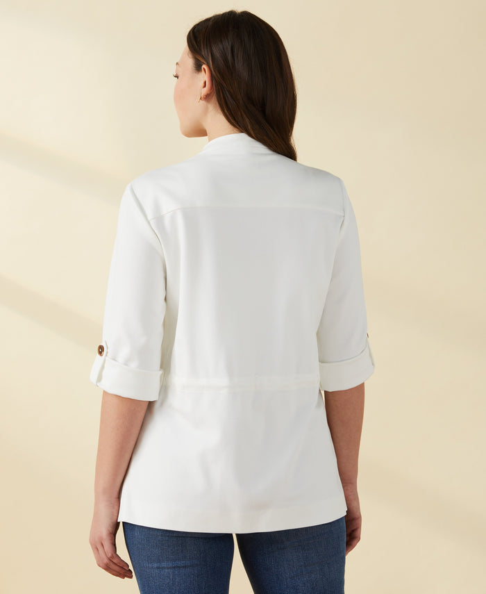 Ponte Knit Drape Front Jacket (Egret)