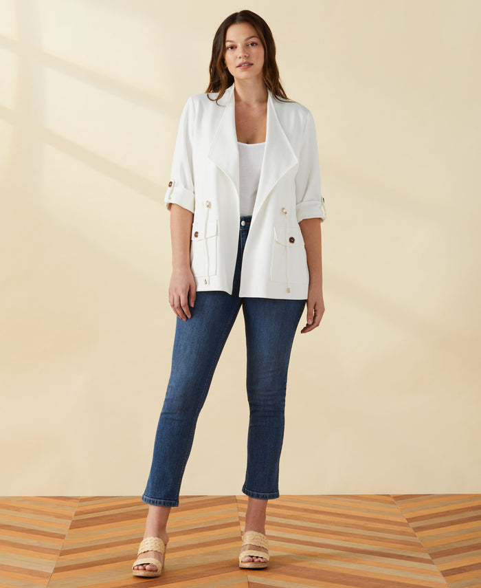 Ponte Knit Drape Front Jacket (Egret)