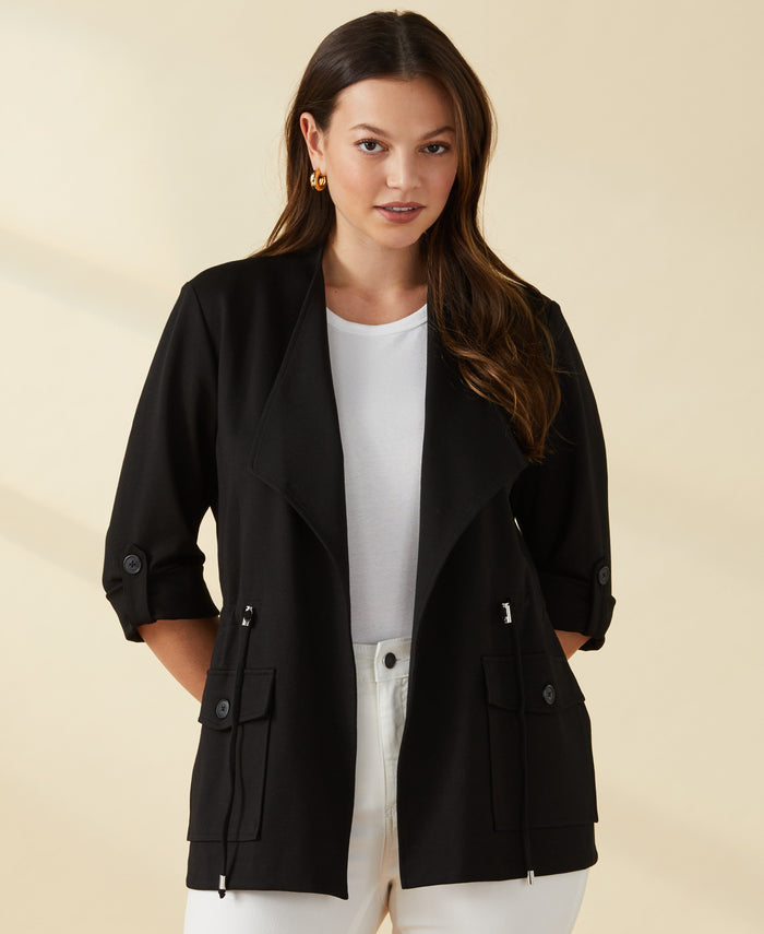 Ponte Knit Drape Front Jacket (Black)