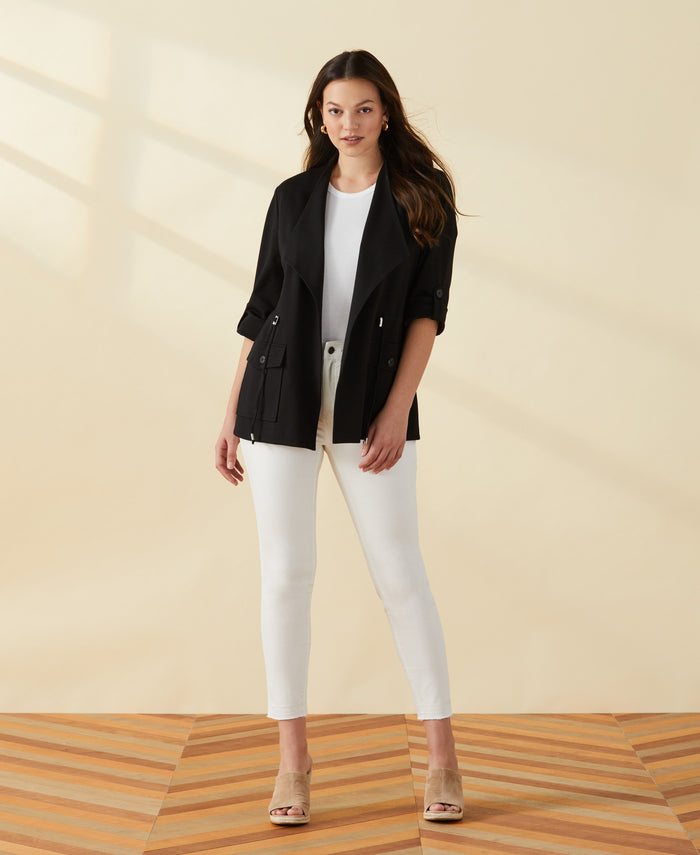 Ponte Knit Drape Front Jacket (Black)