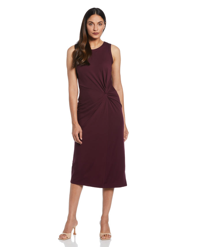 Ponte Knit Twist Front Midi Dress (Winetasting)