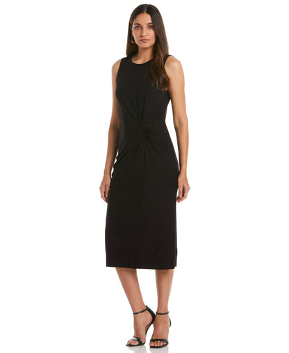 Ponte Knit Twist Front Midi Dress (Black)