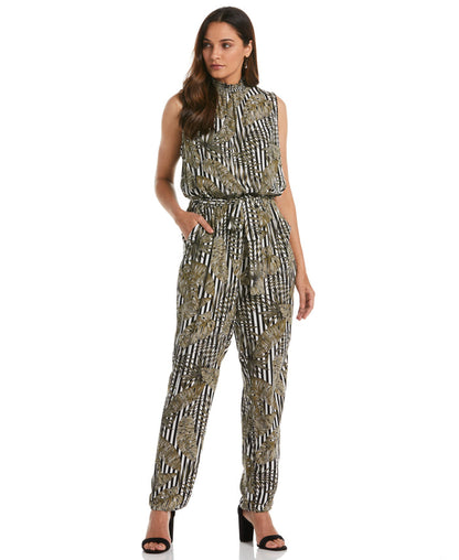 Print Smocked Neck Jumpsuit (Dried Sage)
