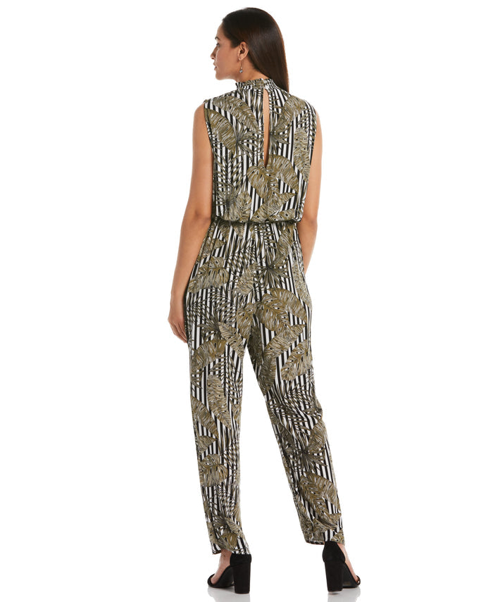 Print Smocked Neck Jumpsuit (Dried Sage)