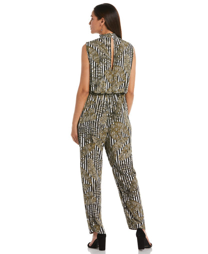 Print Smocked Neck Jumpsuit (Dried Sage)