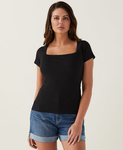 Ribbed Square Neck Tee (Black)