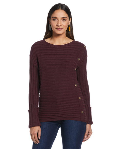 Ribbed Sweater with Button Detail (Winetasting Heather)