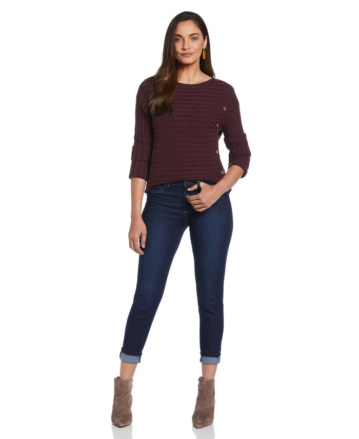 Ribbed Sweater with Button Detail (Winetasting Heather)
