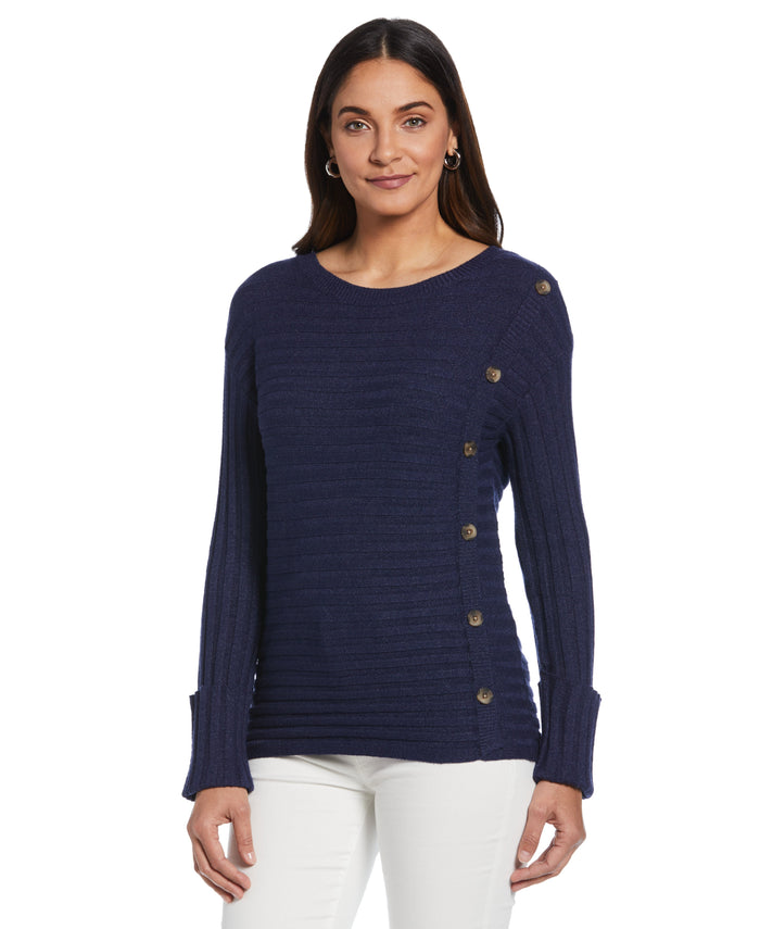 Ribbed Sweater with Button Detail (Peacoat Heather)