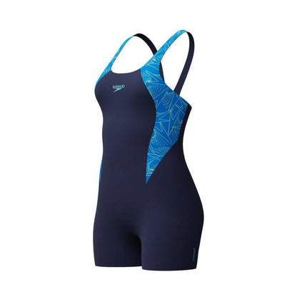 Speedo Asia Fit Hyperboom Splice Legsuit in navy with blue shattered boom logo print side panels.