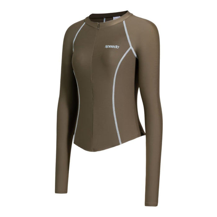 Brown Speedo Wavechasers 2.0 women's long-sleeve rashguard with white piping and front zipper.