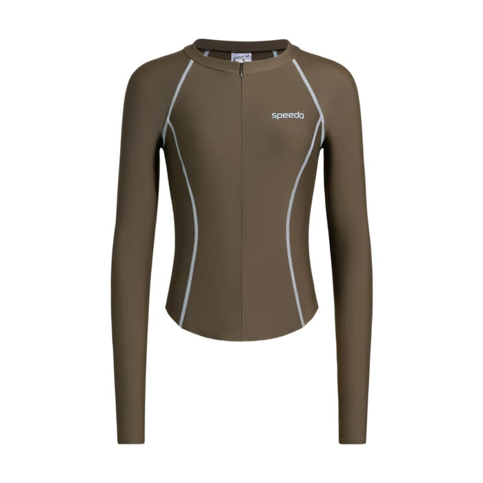 Speedo Wavechasers 2.0 women's brown long-sleeve rashguard with white piping and front zipper.