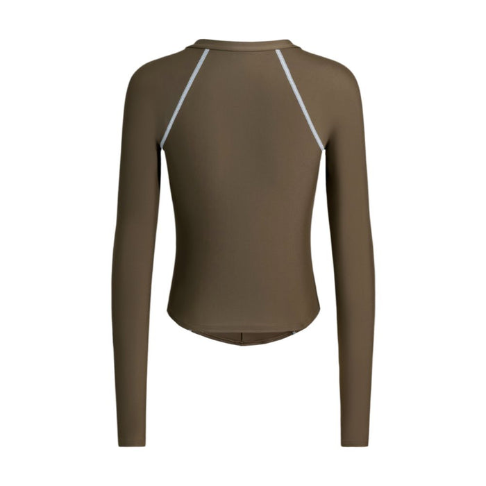 Brown Speedo Women's Wavechasers 2.0 long-sleeve rashguard with white shoulder stitching.