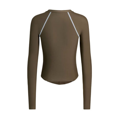 Brown Speedo Women's Wavechasers 2.0 long-sleeve rashguard with white shoulder stitching.