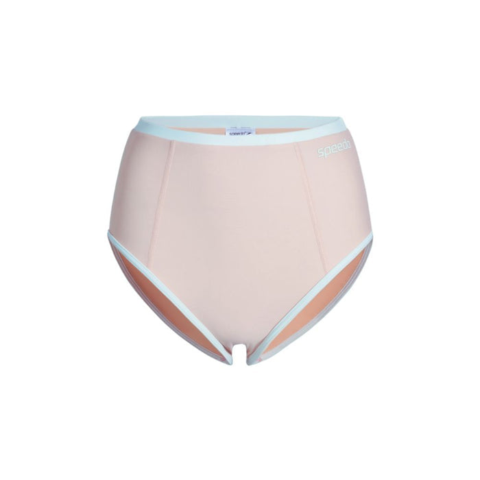 Speedo Wavechasers 2.0 women's high-waisted bikini bottom in peach with light blue trim.