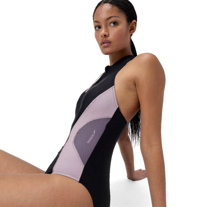 Speedo Asia Fit Women's Zip Colorblock 1 Piece swimsuit in black, lilac, and grey with front zipper.