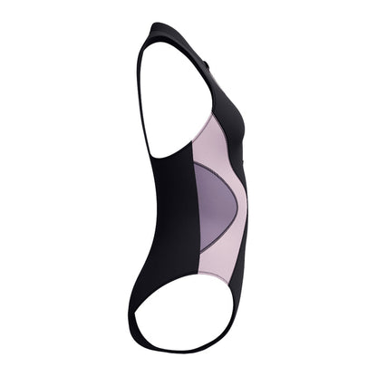 Speedo Asia Fit women's black and pink colorblock one-piece swimsuit with front zip.