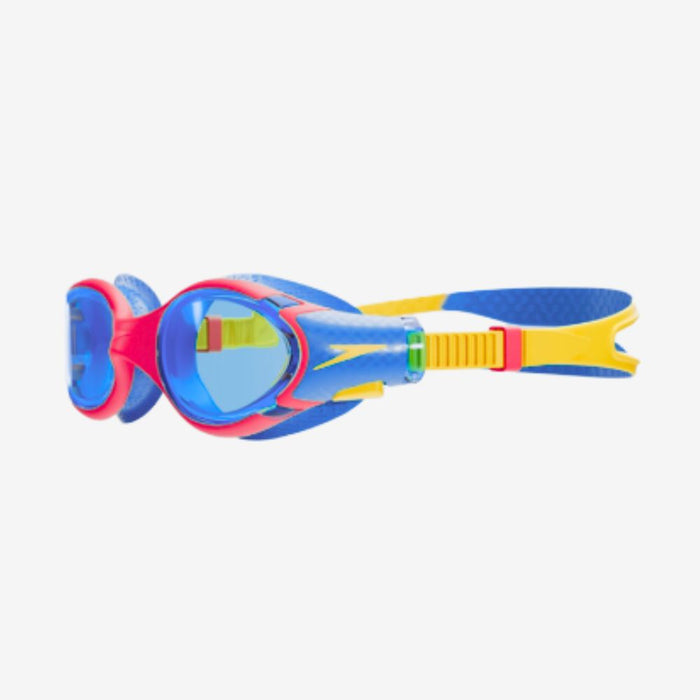 Colorful Speedo Biofuse 2.0 Junior Goggle with blue lenses, red frames, and a yellow/blue strap.