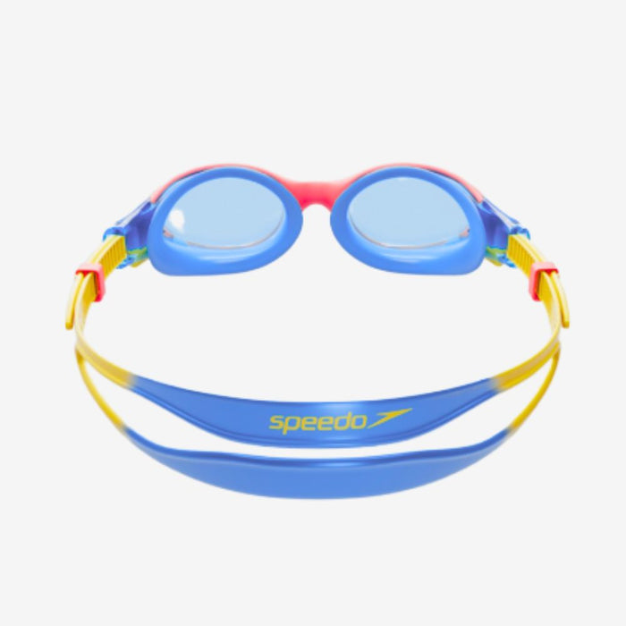 Speedo Biofuse 2.0 Junior Goggle with red frame, blue lenses, and yellow strap.