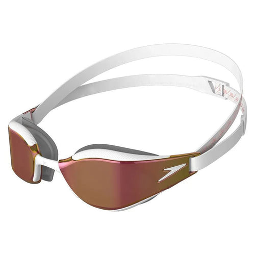 White Speedo Fastskin Hyper Elite Mirror Goggle (Asia Fit) with rose gold mirrored lenses and white straps.