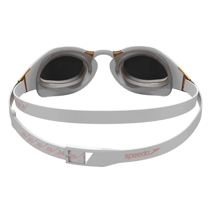 White Speedo Fastskin Hyper Elite Mirror Goggle (Asia Fit) with gold accents and dark mirrored lenses.