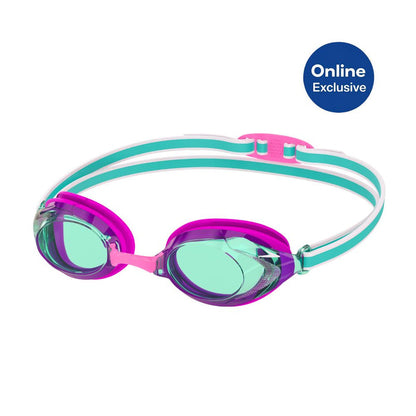 Speedo Junior Vanquisher 3.0 Goggle with purple frames, clear aqua lenses, and a white, aqua, and pink strap.