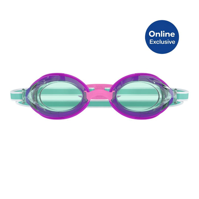 Speedo Junior Vanquisher 3.0 Goggle with purple frames, clear aqua lenses, and a pink nose bridge.
