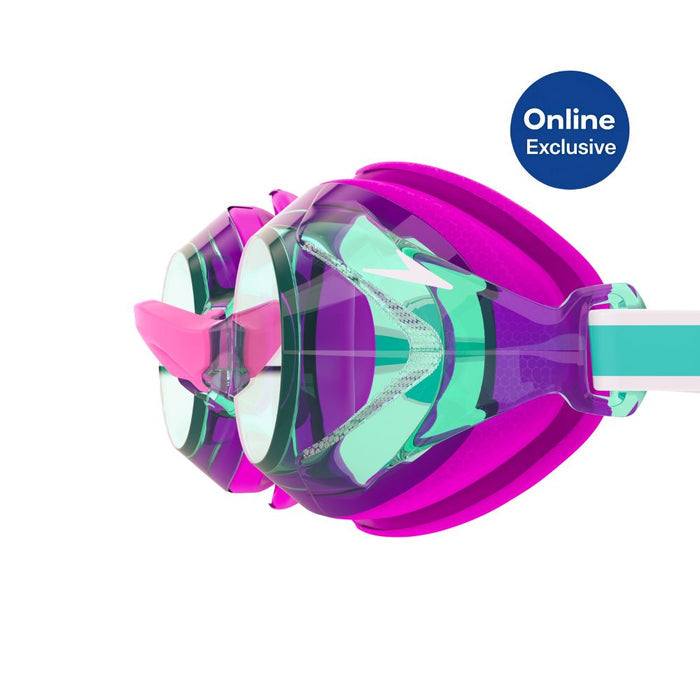 Speedo Junior Vanquisher 3.0 Goggle in purple, pink, and teal with clear lenses and a white strap.