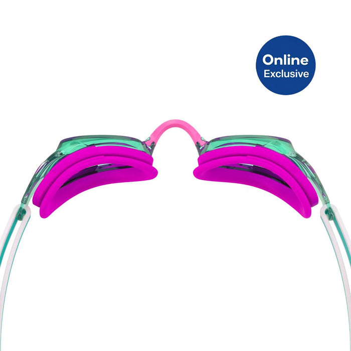 Speedo Junior Vanquisher 3.0 Goggle with pink nose bridge, magenta gaskets, and teal lenses.