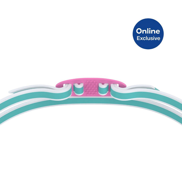 Speedo Junior Vanquisher 3.0 goggle strap in white, teal, and pink, with a pink slide-and-lock nose bridge.
