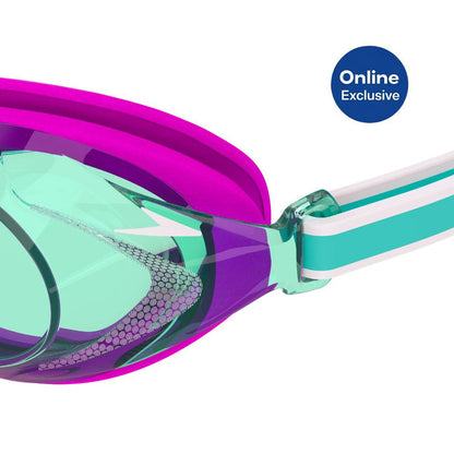 Speedo Junior Vanquisher 3.0 Goggle with purple frame, mint green lenses, and white/teal strap.